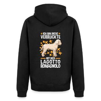 Verrückte mit dem Lagotto Romagnolo Wasserhund - Unisex Premium Bio Zip Hoodie - Schwarz - Hinten - Nico (187cm)