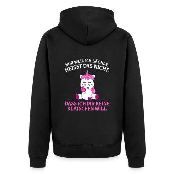 Nur weil ich lächle heißt nich dir keine klatschen - Unisex Premium Bio Zip Hoodie - Schwarz - Hinten - Nico (187cm)