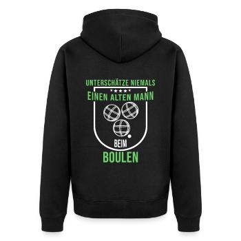 Unterschätze niemals alten Mann beim Boulen Boccia - Unisex Premium Bio Zip Hoodie - Schwarz - Hinten - Nico (187cm)