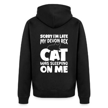 Sorry, I'm too late - Devon Rex Cat - Unisex Premium Organic Zip Hoodie - black - Back - Nico (187cm)