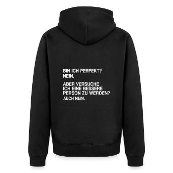 Bin ich perfekt nein - Unisex Premium Bio Zip Hoodie - Schwarz - Hinten - Nico (187cm)