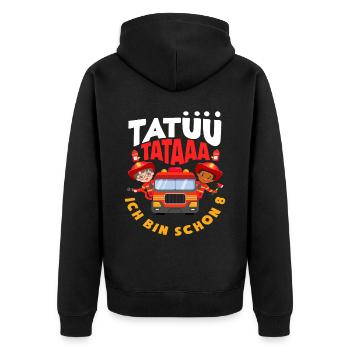 Tatüü TaTaaa 8. Geburtstag Feuerwehr Jungs - Unisex Premium Bio Zip Hoodie - Schwarz - Hinten - Nico (187cm)