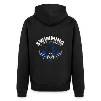 Schwimmen Spruch Lustig Swimming Is My Therapy - Unisex Premium Bio Zip Hoodie - Schwarz - Hinten - Nico (187cm)