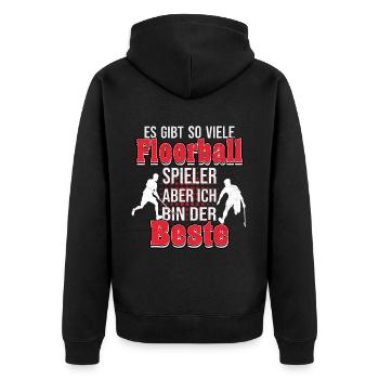 Floorball Salibandy Sportler Outfit - Unisex Premium Bio Zip Hoodie - Schwarz - Hinten - Nico (187cm)