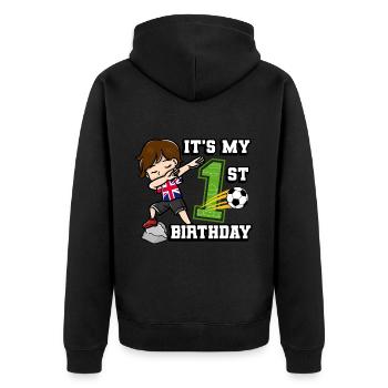 Soccer Boy C’est mon 1er anniversaire Royaume-Uni - Veste à capuche bio Premium Unisexe - noir - Dos - Nico (187cm)