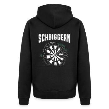 Dart Dart spielen, Schbiggern Fränkisch - Unisex Premium Bio Zip Hoodie - Schwarz - Hinten - Nico (187cm)