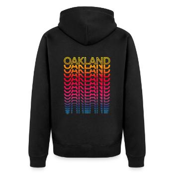 Retro Nostalgisch USA Stadt - Regenbogen Oakland - Unisex Premium Bio Zip Hoodie - Schwarz - Hinten - Nico (187cm)
