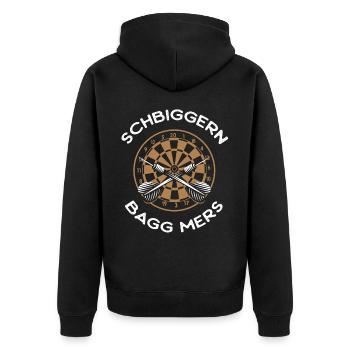 Dart Dart spielen, Schbiggern Fränkisch - Unisex Premium Bio Zip Hoodie - Schwarz - Hinten - Nico (187cm)