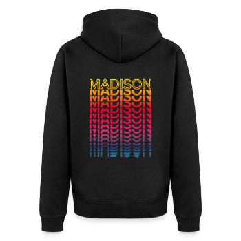 Retro Nostalgisch USA Stadt - Regenbogen Madison - Unisex Premium Bio Zip Hoodie - Schwarz - Hinten - Nico (187cm)