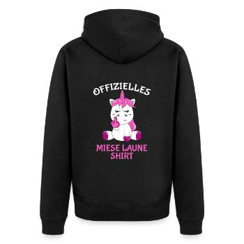 Offizielles Miese Laune Shirt - Unisex Premium Bio Zip Hoodie - Schwarz - Hinten - Nico (187cm)