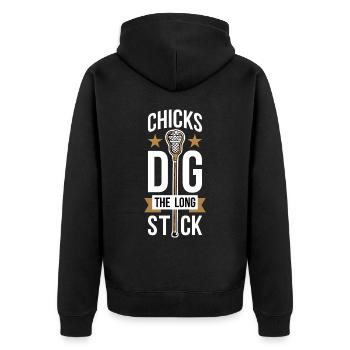 Chicks Dig The Long Stick Lacrosse Geschenk - Unisex Premium Bio Zip Hoodie - Schwarz - Hinten - Nico (187cm)