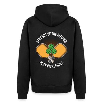 Stay Out Of The Kitchen Pickleball Geschenk - Unisex Premium Bio Zip Hoodie - Schwarz - Hinten - Nico (187cm)