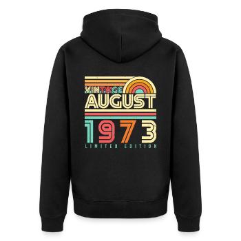 1973 Im August Geschenkidee - Unisex Premium Bio Zip Hoodie - Schwarz - Hinten - Nico (187cm)