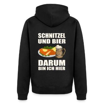 Schnitzel und Bier darum bin ich hier - Unisex Premium Bio Zip Hoodie - Schwarz - Hinten - Nico (187cm)