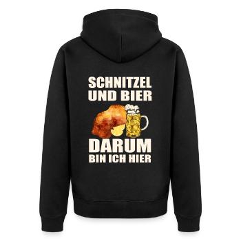 Schnitzel und Bier darum bin ich hier - Unisex Premium Bio Zip Hoodie - Schwarz - Hinten - Nico (187cm)