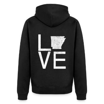 USA State - Liebeskarte Arkansas - Unisex Premium Bio Zip Hoodie - Schwarz - Hinten - Nico (187cm)