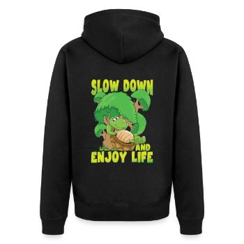 Slow Down And Enjoy Life für einen Schildkröten - Unisex Premium Bio Zip Hoodie - Schwarz - Hinten - Nico (187cm)
