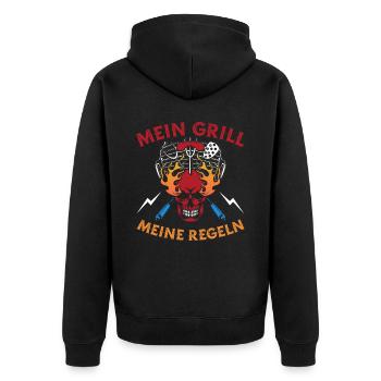 Grillen Grillmeister BBQ - Unisex Premium Bio Zip Hoodie - Schwarz - Hinten - Nico (187cm)
