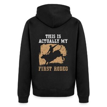 Dies ist eigentlich mein erstes Rodeo-Bullenreiten - Unisex Premium Bio Zip Hoodie - Schwarz - Hinten - Nico (187cm)