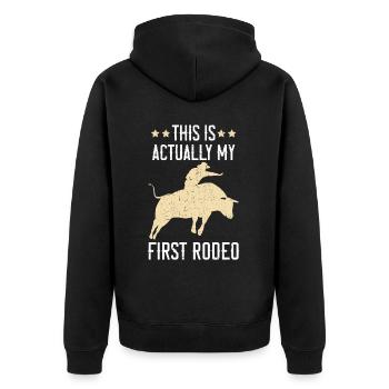 Dies ist eigentlich mein erstes Rodeo-Bullenreiten - Unisex Premium Bio Zip Hoodie - Schwarz - Hinten - Nico (187cm)