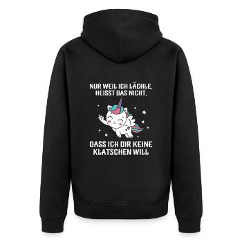 Nur weil ich lächle klatschen Ohrfeige - Unisex Premium Bio Zip Hoodie - Schwarz - Hinten - Nico (187cm)