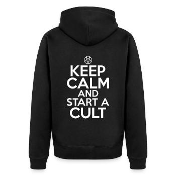 Funny Cult Ruhe bewahren und einen Kult gründen Ok - Unisex Premium Bio Zip Hoodie - Schwarz - Hinten - Nico (187cm)