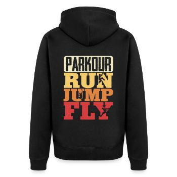 Parkour Freerunning Traceur - Unisex Premium Bio Zip Hoodie - Schwarz - Hinten - Nico (187cm)