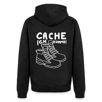 Geocacher Witz Cache Spruch Geocache - Unisex Premium Bio Zip Hoodie - Schwarz - Hinten - Nico (187cm)