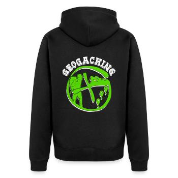 Geocacher Schnitzeljagd Cache Geocache - Unisex Premium Bio Zip Hoodie - Schwarz - Hinten - Nico (187cm)