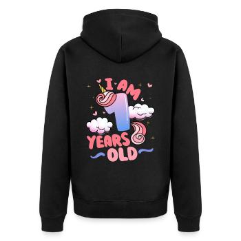 J’ai 1 an | Thème Licorne | 1. - Veste à capuche bio Premium Unisexe - noir - Dos - Nico (187cm)