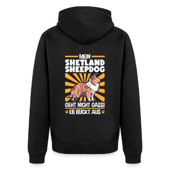 Shetland Sheepdog Gassi gehen Sheltie - Unisex Premium Bio Zip Hoodie - Schwarz - Hinten - Nico (187cm)