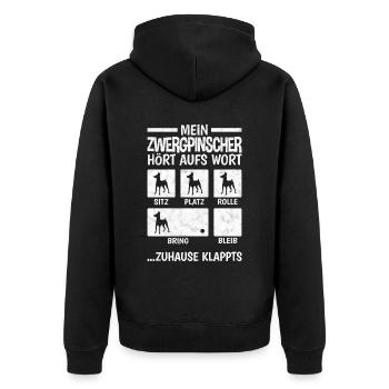 Zwergpinscher Zuhause klappts Pinscher - Unisex Premium Bio Zip Hoodie - Schwarz - Hinten - Nico (187cm)