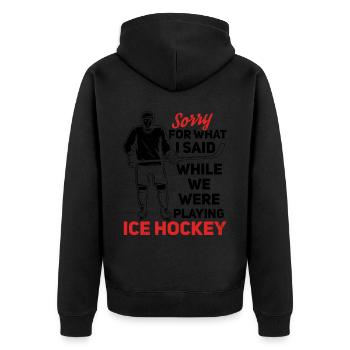 Sorry for what I said as - Unisex Premium Organic Zip Hoodie - black - Back - Nico (187cm)
