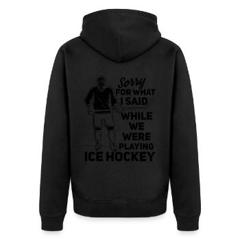 Sorry for what I said as - Unisex Premium Organic Zip Hoodie - black - Back - Nico (187cm)