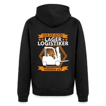 Lagerist Fachkraft für Lagerlogistik - Unisex Premium Bio Zip Hoodie - Schwarz - Hinten - Nico (187cm)