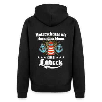 Lübeck Sprüche Hansestadt Luebeck - Unisex Premium Bio Zip Hoodie - Schwarz - Hinten - Nico (187cm)