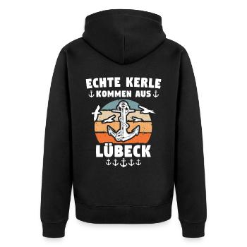 Lübeck Sprüche Hansestadt Luebeck - Unisex Premium Bio Zip Hoodie - Schwarz - Hinten - Nico (187cm)