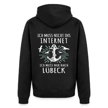 Lübeck Sprüche Hansestadt Luebeck - Unisex Premium Bio Zip Hoodie - Schwarz - Hinten - Nico (187cm)