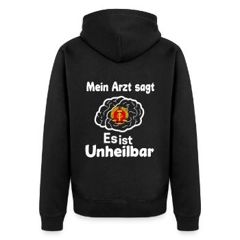 Ossi Geschenk Ostdeutschland NVA Germania Osten - Unisex Premium Bio Zip Hoodie - Schwarz - Hinten - Nico (187cm)