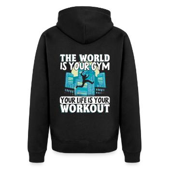 Parkour Freerunning Traceur - Unisex Premium Bio Zip Hoodie - Schwarz - Hinten - Nico (187cm)