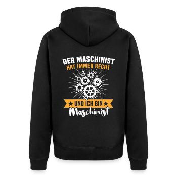 Maschinist Maschinenführer Feuerwehrmann - Unisex Premium Bio Zip Hoodie - Schwarz - Hinten - Nico (187cm)