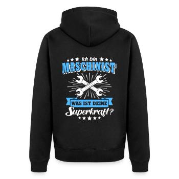 Maschinist Maschinenführer Feuerwehrmann - Unisex Premium Bio Zip Hoodie - Schwarz - Hinten - Nico (187cm)