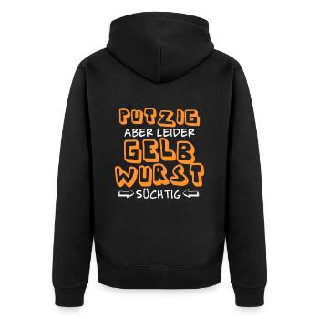 Putzig aber leider Gelbwurst süchtig - Unisex Premium Bio Zip Hoodie - Schwarz - Hinten - Nico (187cm)