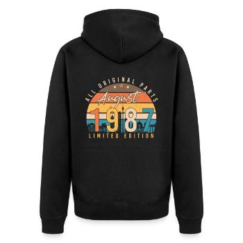 Baujahr 1987 Im August - Unisex Premium Bio Zip Hoodie - Schwarz - Hinten - Nico (187cm)