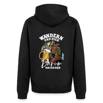 Wanderer Wander Wandern und Bier darum bin ich - Unisex Premium Bio Zip Hoodie - Schwarz - Hinten - Nico (187cm)
