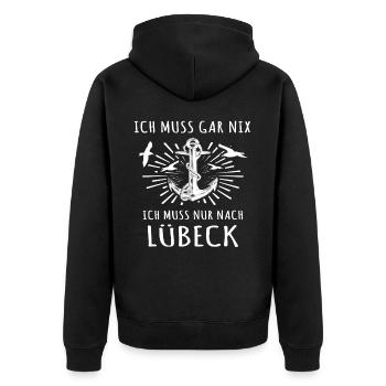 Lübeck - Unisex Premium Bio Zip Hoodie - Schwarz - Hinten - Nico (187cm)