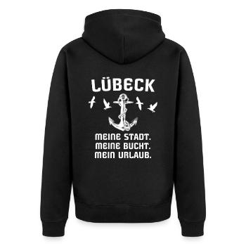 Lübeck - Unisex Premium Bio Zip Hoodie - Schwarz - Hinten - Nico (187cm)