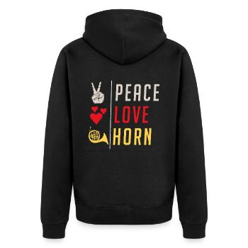 Peace Love Horn Musical Instrument - Unisex Premium Bio Zip Hoodie - Schwarz - Hinten - Nico (187cm)