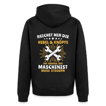 Maschinist Maschinenführer Feuerwehrmann - Unisex Premium Bio Zip Hoodie - Schwarz - Hinten - Nico (187cm)
