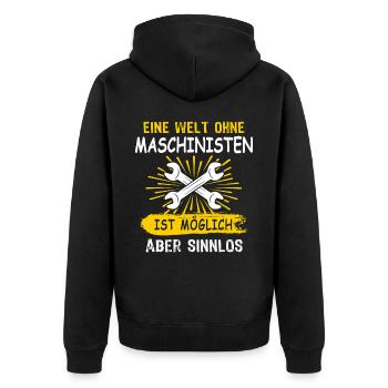 Maschinist Maschinenführer Feuerwehrmann - Unisex Premium Bio Zip Hoodie - Schwarz - Hinten - Nico (187cm)